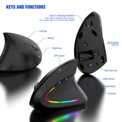 Wireless Vertical Mouse 2.4GHz Ergonomic Optical Mouse, Adjustable DPI Wireless Vertical Mouse with RGB Backlight for Laptop, PC, Mac, Tablet & Office