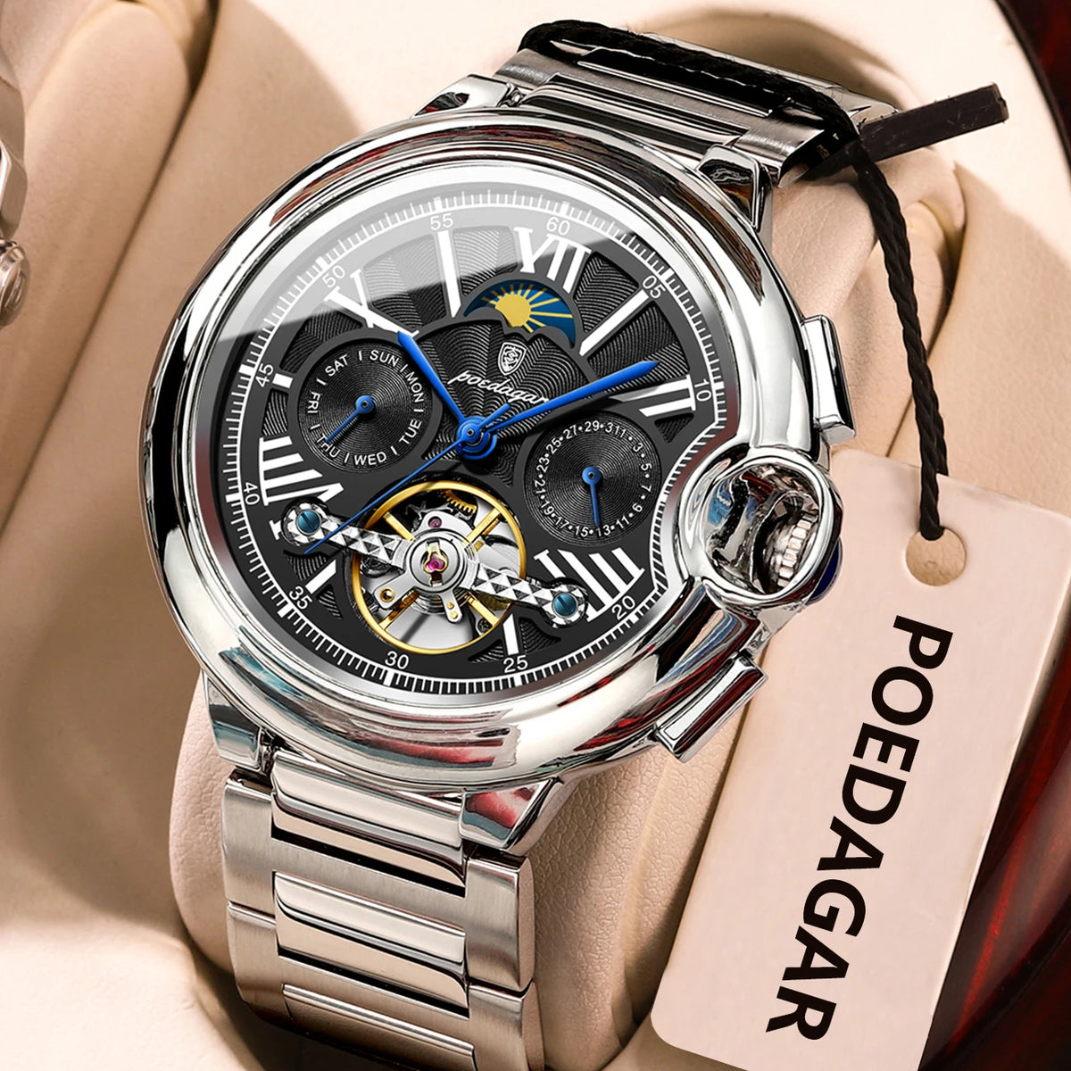 Orologio da uomo POEDAGAR, in stile lussuoso e professionale, con indicazione della data e del giorno, tourbillon, cassa in acciaio inossidabile, movimento meccanico a carica automatica e impermeabilità.