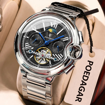 Orologio da uomo POEDAGAR, in stile lussuoso e professionale, con indicazione della data e del giorno, tourbillon, cassa in acciaio inossidabile, movimento meccanico a carica automatica e impermeabilità.