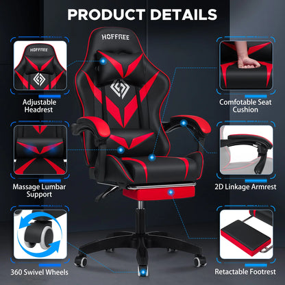 200Lbs Load Gaming Chair with Massage Ergonomic Computer Chair Footrest and Lumbar Support Reclining PC Chair Adjustable Armrest