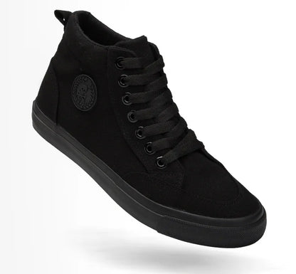 Högskurna canvas-sneakers för män, slip-on, snörningsbara, avslappnade, helt svarta, enkla skateskor för studenter, med platt sula, bekväma sportskor
