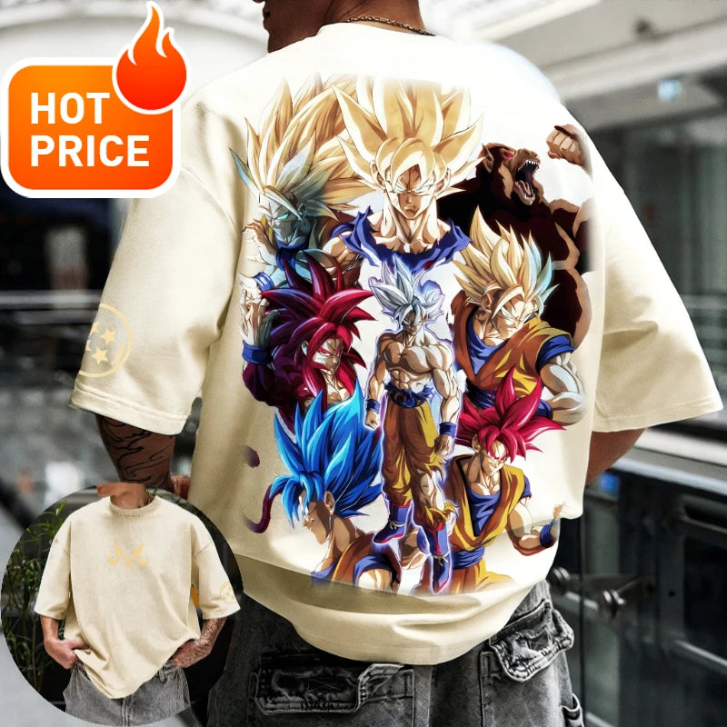 Sommer-Dragon Ball-T-shirt i 100 % bomuld med print af Goku i alle former – oversized gym- og streetwear-T-shirt i retrostil til voksne og børn