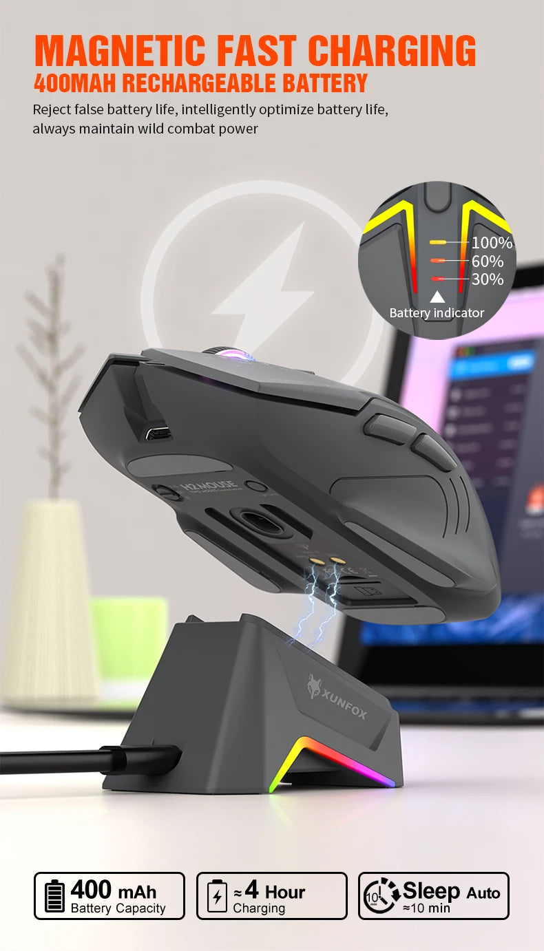 XUNSVFOX H2 Wireless Bluetooth Dual-Mode Mouse with RGB Lighting Effect for Laptop Gaming and Office, Magnetic Charging