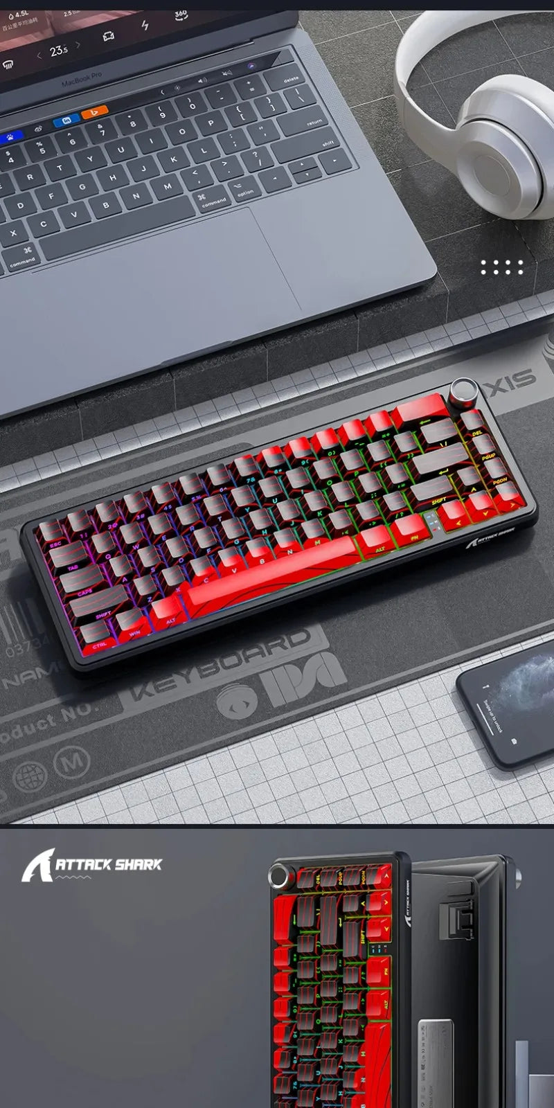 Tastiera gaming wireless Attack Shark X65 PRO HE con switch magnetici, 8K RT 0.001mm, incisione laterale, Bluetooth, per Windows, Mac e PC