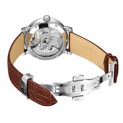 Pánske mechanické automatické náramkové hodinky SKROX, skeletový model s funkciou GMT, fázami mesiaca a tourbillon – luxusné hodinky najvyššej triedy, elegantné a originálne.
