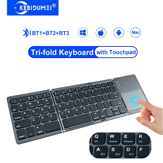 Three Bluetooth Keyboard with Touchpad Tri-fold Keyboard Mini Keyboard Rechargeable Keyboard for PC Windows Android IOS Mac