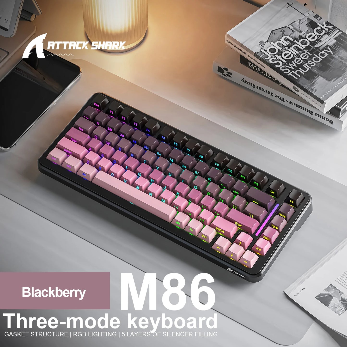 ATTACK SHARK M86 Wireless Mechanical Keyboard 75% Tri-Mode RGB Hot-Swappable Mechanical Keyboard with Side-Printed PBT Keycaps & 4000mAh Battery