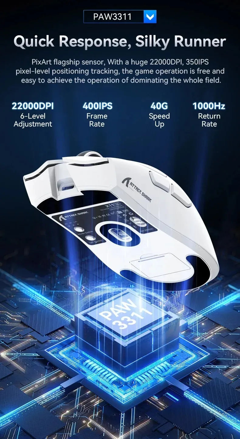 ATTACK SHARK X11SE Ultra-Light Wireless Gaming Mouse, 20 Million Cycles Life, PAW3311 Gaming, 22K DPI, 400 IPS, 40G, 1KHz, 65 Hours, 30mAH