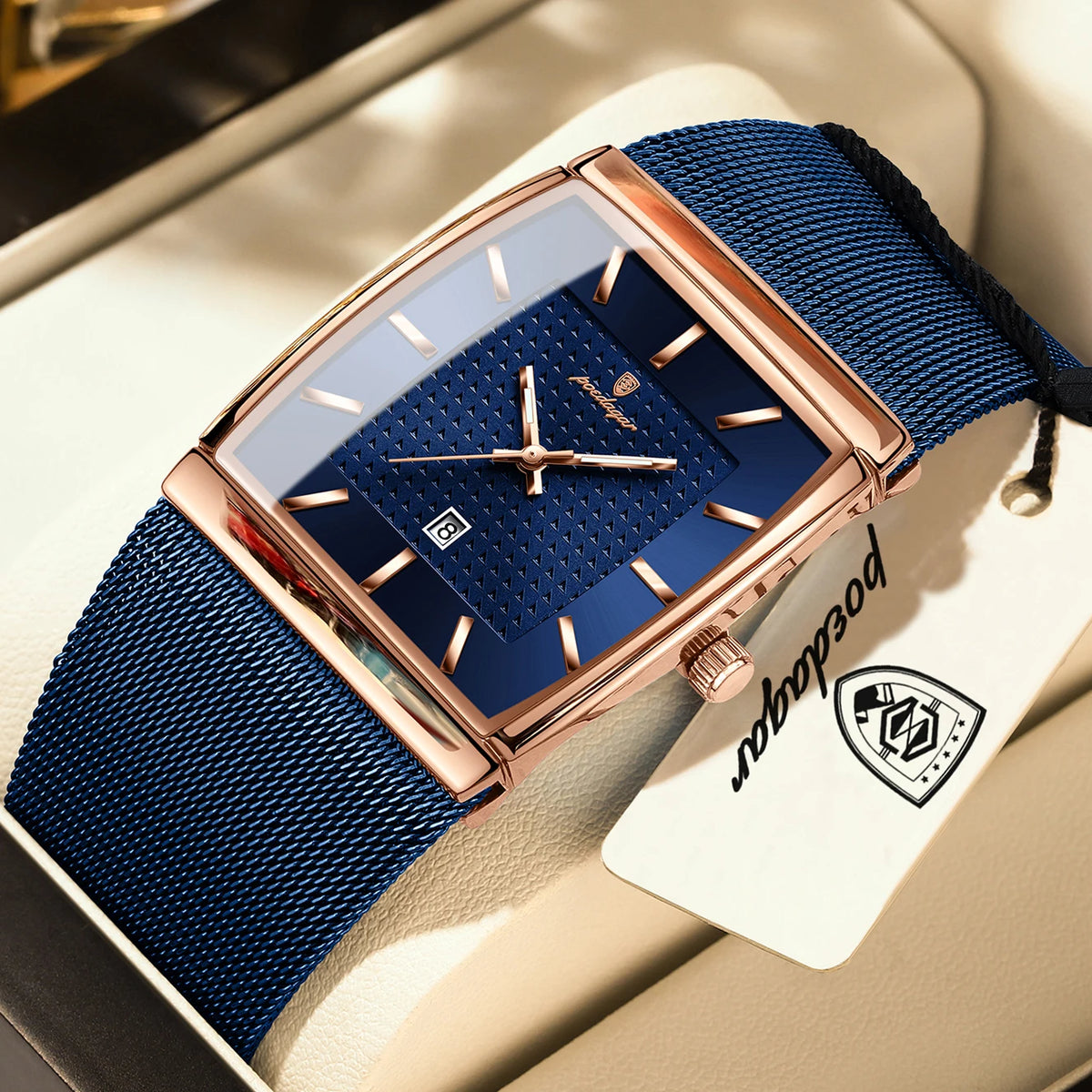 POEDAGAR men’s watch, luxury model, stainless steel mesh strap, date display, water-resistant, luminescent hands, casual style, rectangular case, quartz movement.