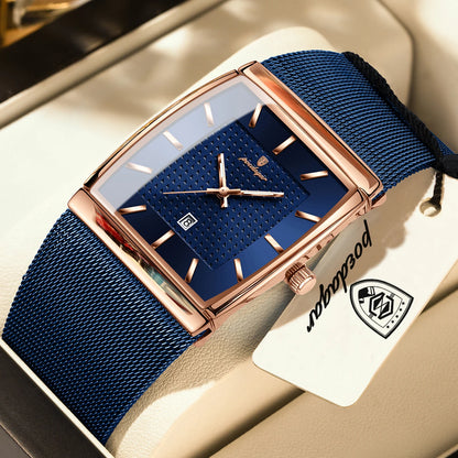 POEDAGAR men’s watch, luxury model, stainless steel mesh strap, date display, water-resistant, luminescent hands, casual style, rectangular case, quartz movement.