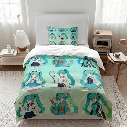 Σετ κάλυμμα παπλώματος Hatsune Miku σε στυλ Chibi – Χαριτωμένα κλινοσκεπάσματα anime με μαξιλαροθήκες – Διακόσμηση υπνοδωματίου για εφήβους και παιδιά – Δώρο για τους θαυμαστές