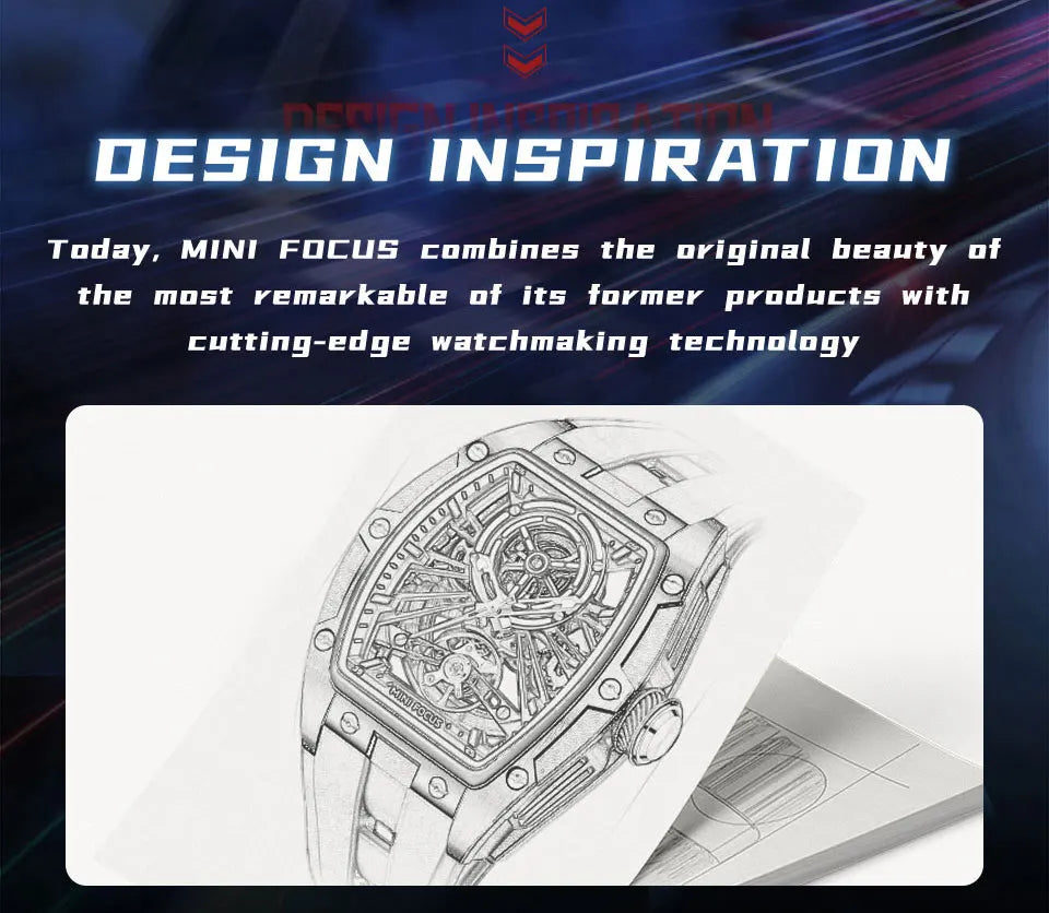 MINI FOCUS herrarmbandsur i moderiktig svart design, vattentät automatisk mekanisk klocka med självlysande visare, silikonarmband och tonneau-urtavla