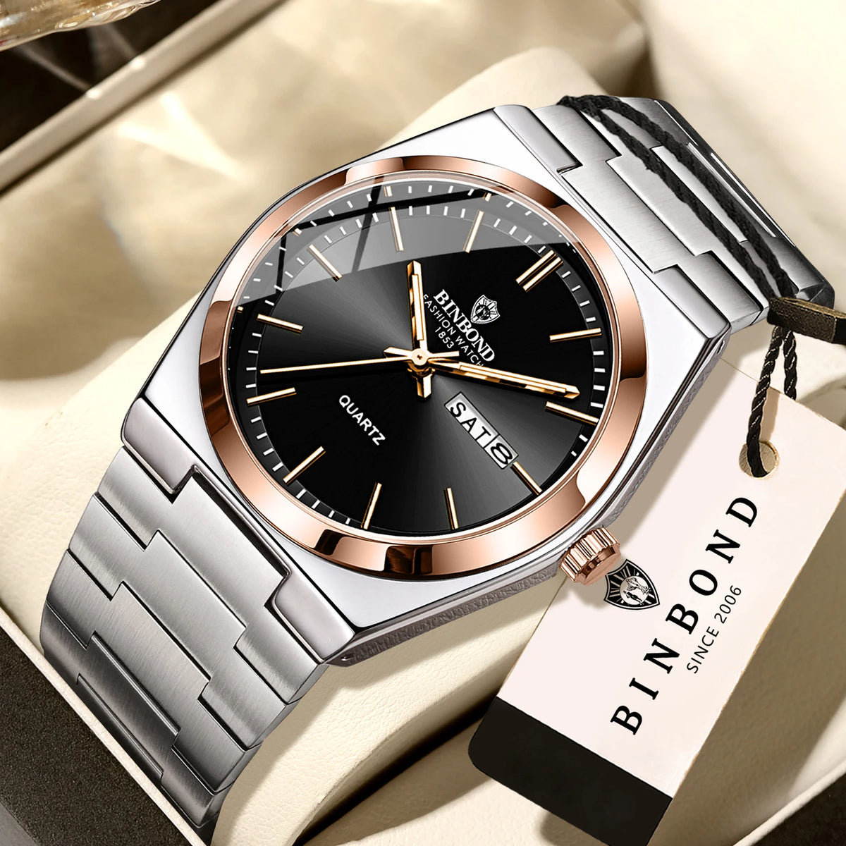 Montre-bracelet à quartz de luxe BINBOND, lumineuse, étanche, jour de la semaine, date automatique, bracelet en acier, style business, sport, mode et décontracté.