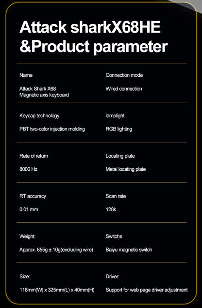 ATTACK SHARK X68HE Magnetic Mechanical Keyboard, 8000Hz Rapid Trigger Gaming Keyboard with Hall Effect Magnetic Switches, SOCD, 0.01mm RT, Wired RGB Keyboard