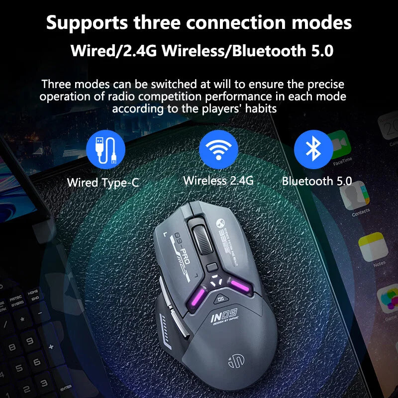 Inphic IN9PRO Wireless Gaming Mouse 26000 DPI Tri-Mode RGB Gaming Mouse, PAW3395 Sensor, Bluetooth 5.0, 2.4G & Wired, 8K Polling Rate Compatible