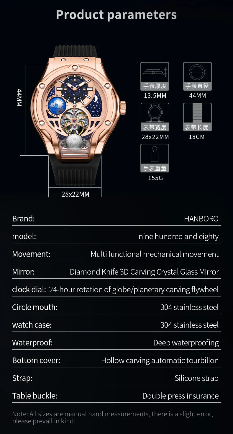 ase Autoy HANBORO Men’s Luxury Automatic Skeleton Watch  Rose Gold Starry Sky Moon Phase Mechanical WristwatchHollow Flywheel Moon Phxury Space Theme Sports Watch 980