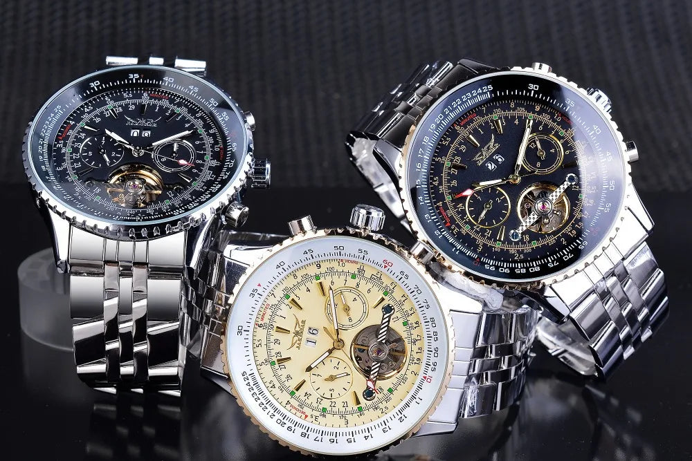 JARAGAR 034 luxe retro automatisch mechanisch horloge, tourbillon, hol skelet, roestvrij staal, weekkalender, herenhorloge