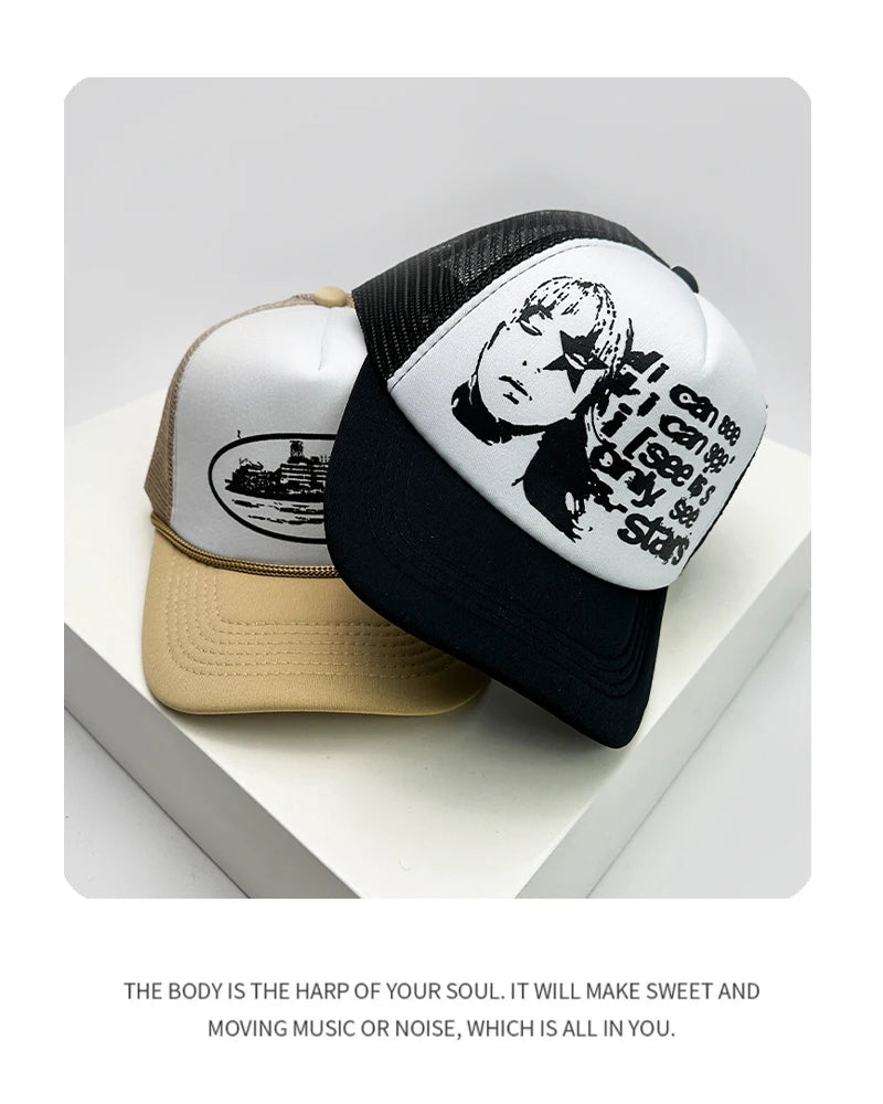 American Style Cruise Printed Anime New Letter Mesh Trucker Caps Sunshade Breathable Baseball Hats Men Women Versatile Fashion