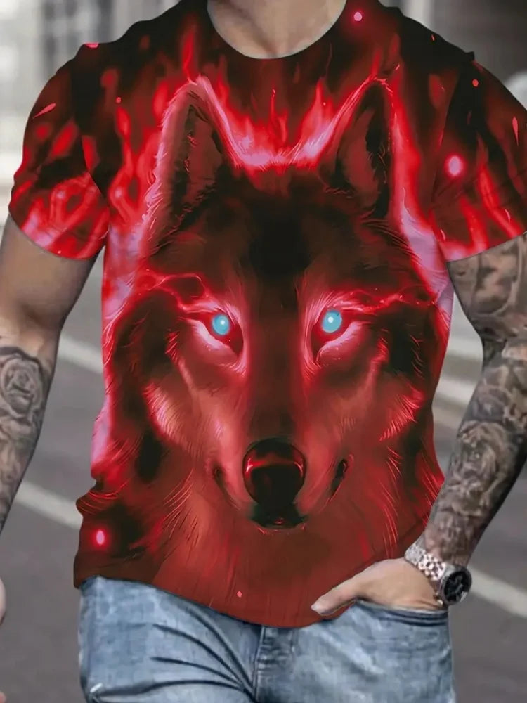 Ανδρικό T-shirt με 3D σχέδιο «Fire Wolf» και γραφικό τύπωμα, καλοκαιρινό, oversized, casual, ανδρική μόδα, γυμναστική, κοντομάνικο, ρούχα, μπλούζες