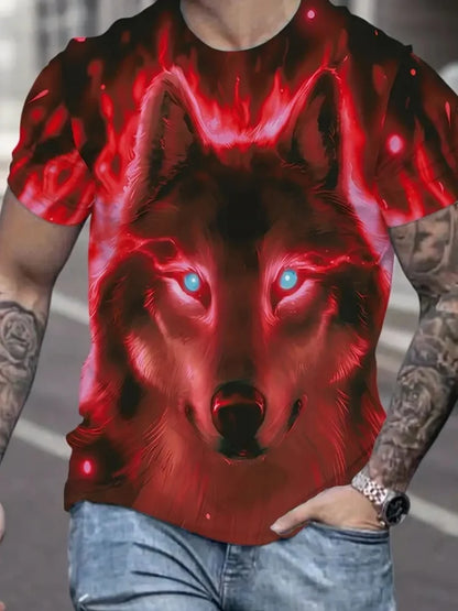 Ανδρικό T-shirt με 3D σχέδιο «Fire Wolf» και γραφικό τύπωμα, καλοκαιρινό, oversized, casual, ανδρική μόδα, γυμναστική, κοντομάνικο, ρούχα, μπλούζες
