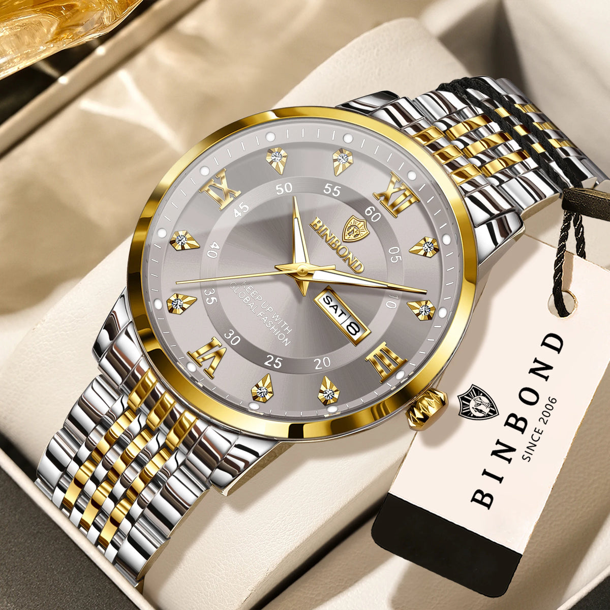 Montre-bracelet à quartz de luxe BINBOND pour homme – Étanche, lumineuse, avec affichage du jour de la semaine – Style business, sport, mode et décontracté
