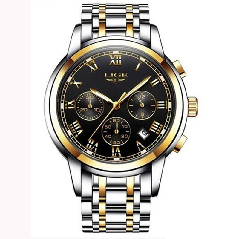 Pánské hodinky LIGE – luxusní chronograf, ležérní sportovní styl, vodotěsné, celokovové, quartzový strojek