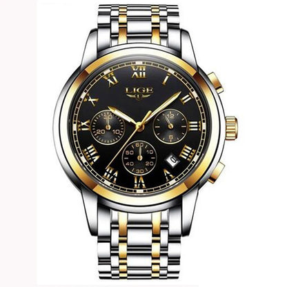 Pánské hodinky LIGE – luxusní chronograf, ležérní sportovní styl, vodotěsné, celokovové, quartzový strojek