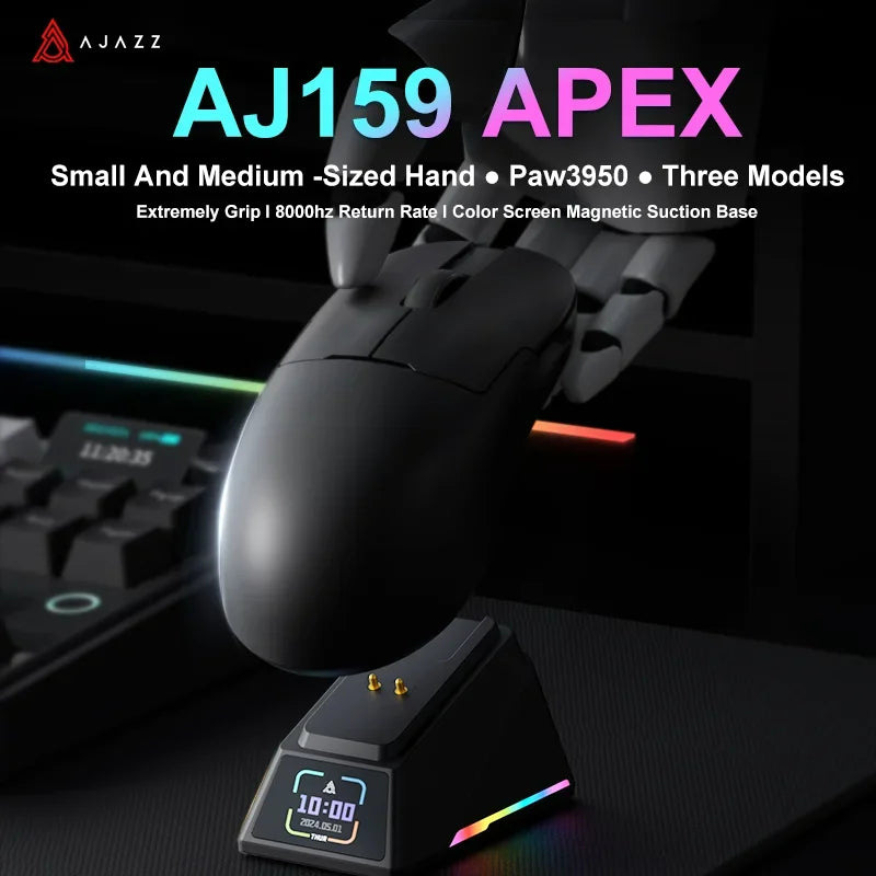 Ajazz AJ159 PRO/APEX Gaming Mouse 8000Hz Wireless Bluetooth Gaming Mouse with PAW3950 Sensor, 42K DPI, Magnetic Charging Dock & Color Display