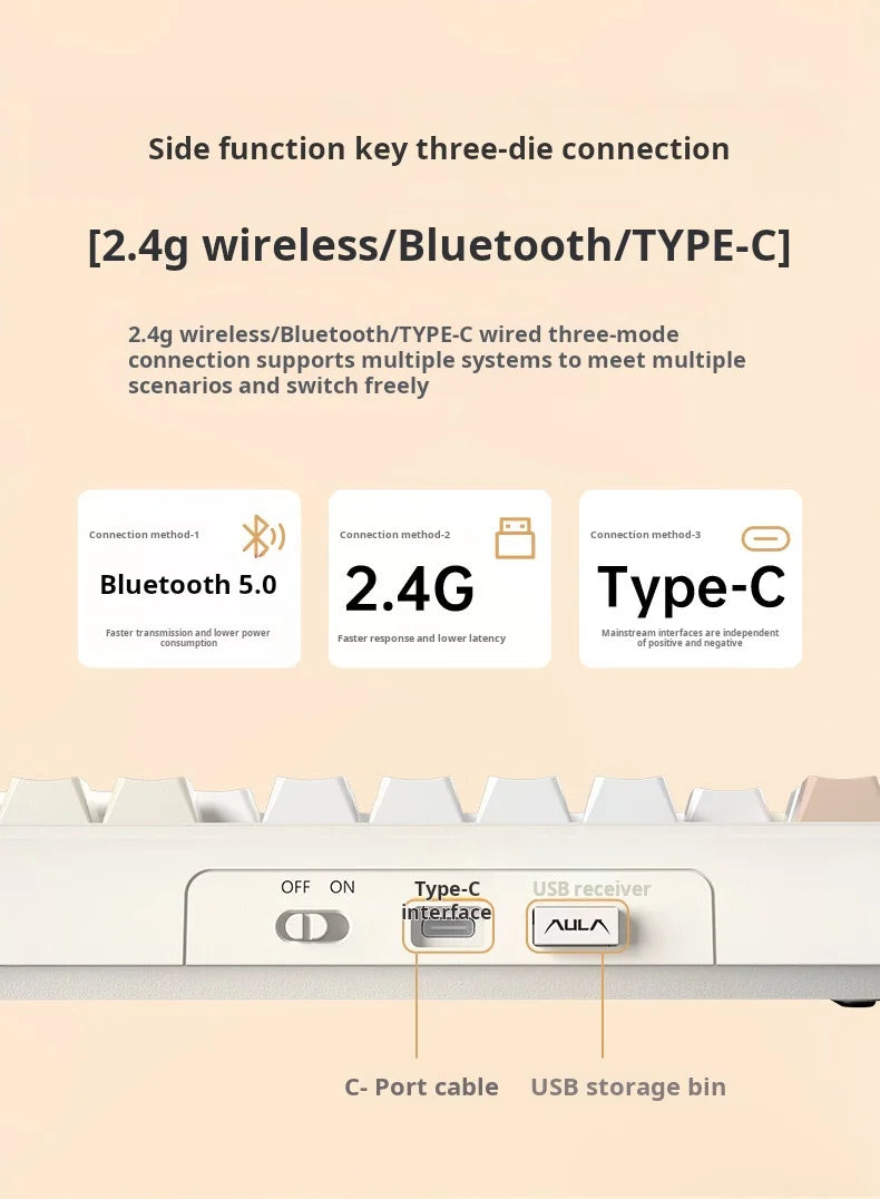 AULA F108 Pro Triple-mode Bluetooth 2.4G Wired Mechanical Keyboard fully customizable hot-swappable keys gasket structure RGB