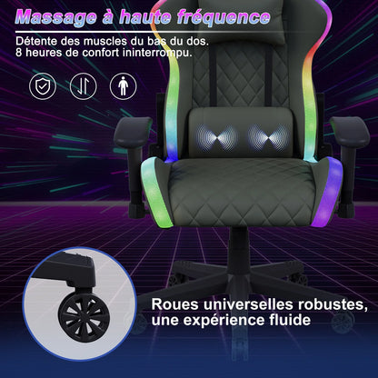 Ergonomic Gaming Chair with Massage Function, RGB LED, 90-135 Degree Recline, Up to 130kg, Office Chair, Premium Leather, Black