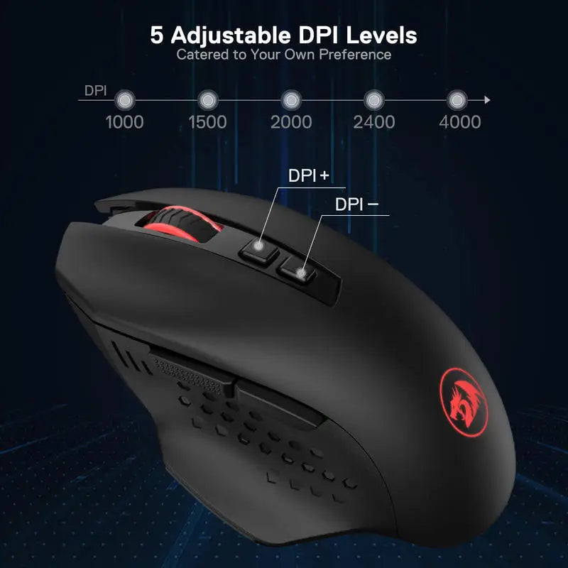 Redragon M656 Gainer Wireless Gaming Mouse, 4000 DPI 2.4GHz Wireless Gamer Mouse with 5 DPI Levels, 7 Macro Buttons, Red LED Backlight