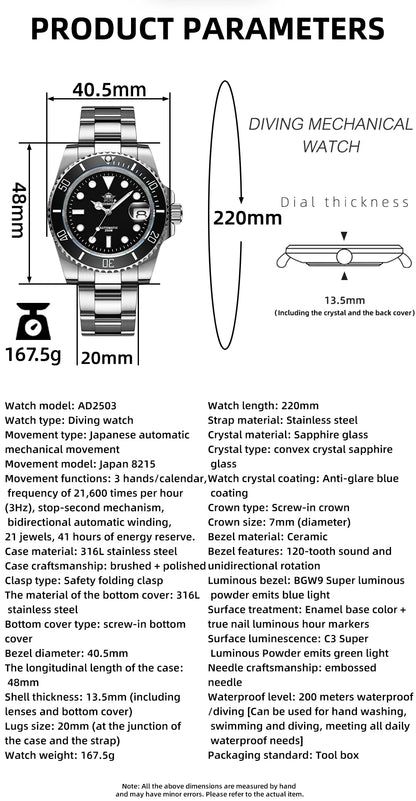 Relógio automático de luxo para homem ADDIESDIVE 8215, relógio mecânico luminoso BGW9 com vidro de safira, relógio de mergulho analógico para homem AD2503