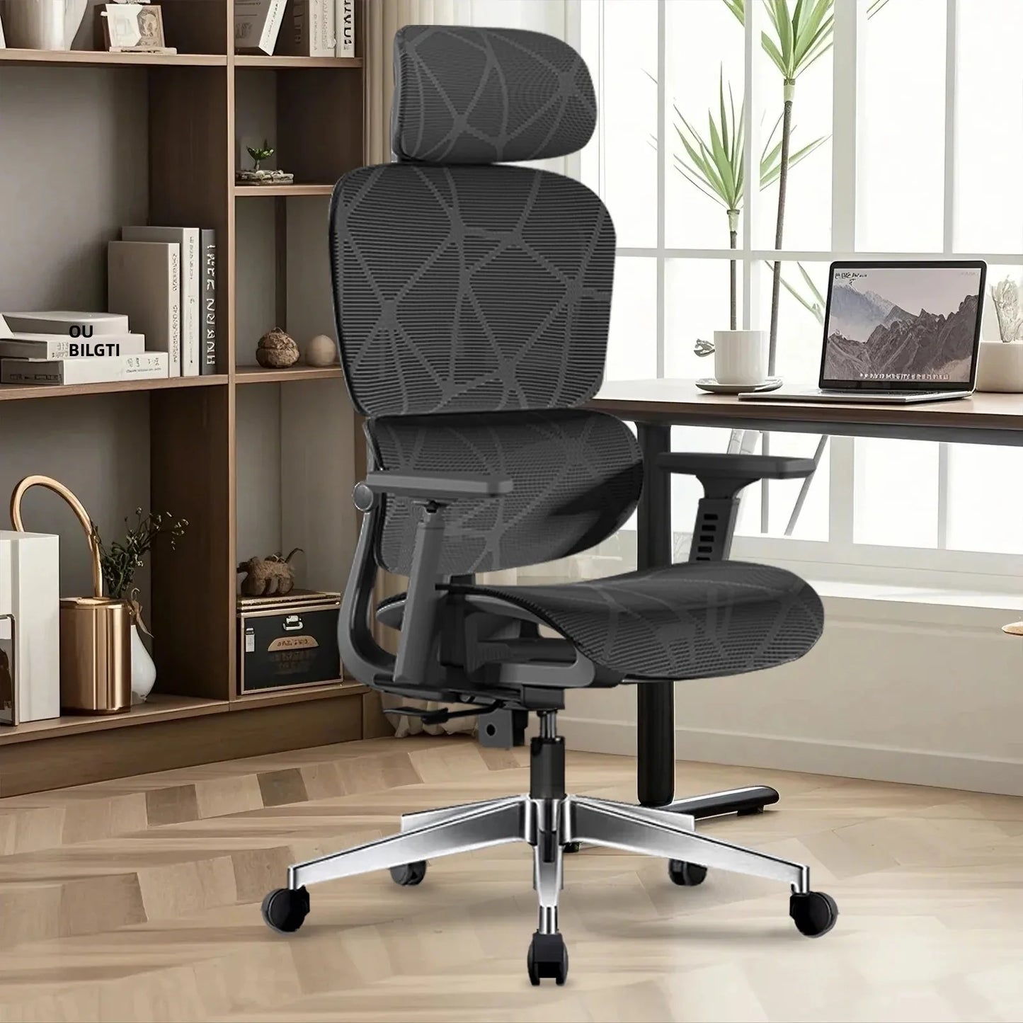 Ergonomic Office Chair Lumbar Support & Neck Pillow Soft Padded Armrests Breathable Mesh Multi-Position Height Adjustment Comfort