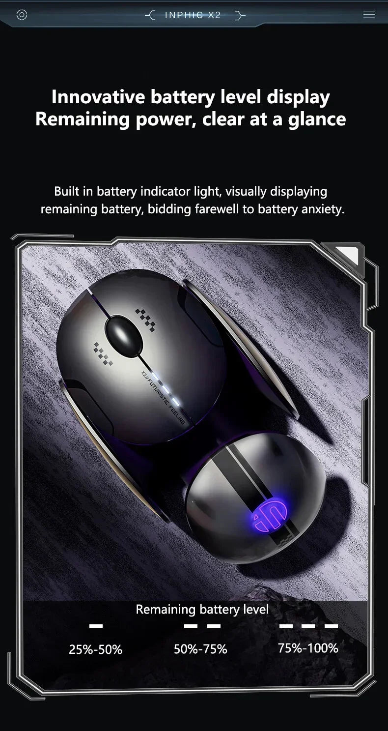 Mouse wireless Bluetooth in metallo Inphic X2 tri-mode, silenzioso, ricaricabile, e-sport, retroilluminato, per gaming, PC e laptop, idea regalo