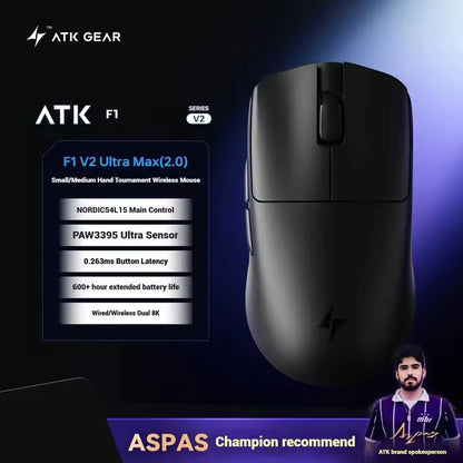 ATK Blazing Sky F1 V2 Ultra Max безжична геймърска мишка с двоен режим, олекотена, PAW3950Ultra, Dual 8K, ниска латентност, ергономична, екстремна