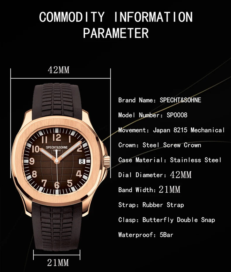 Specht&Sohne 40MM Automatic Mechanical Watch For Men Miyota 8215 Movt Sapphire Crystal 5167 Sports Wristwatch 50M Waterproof