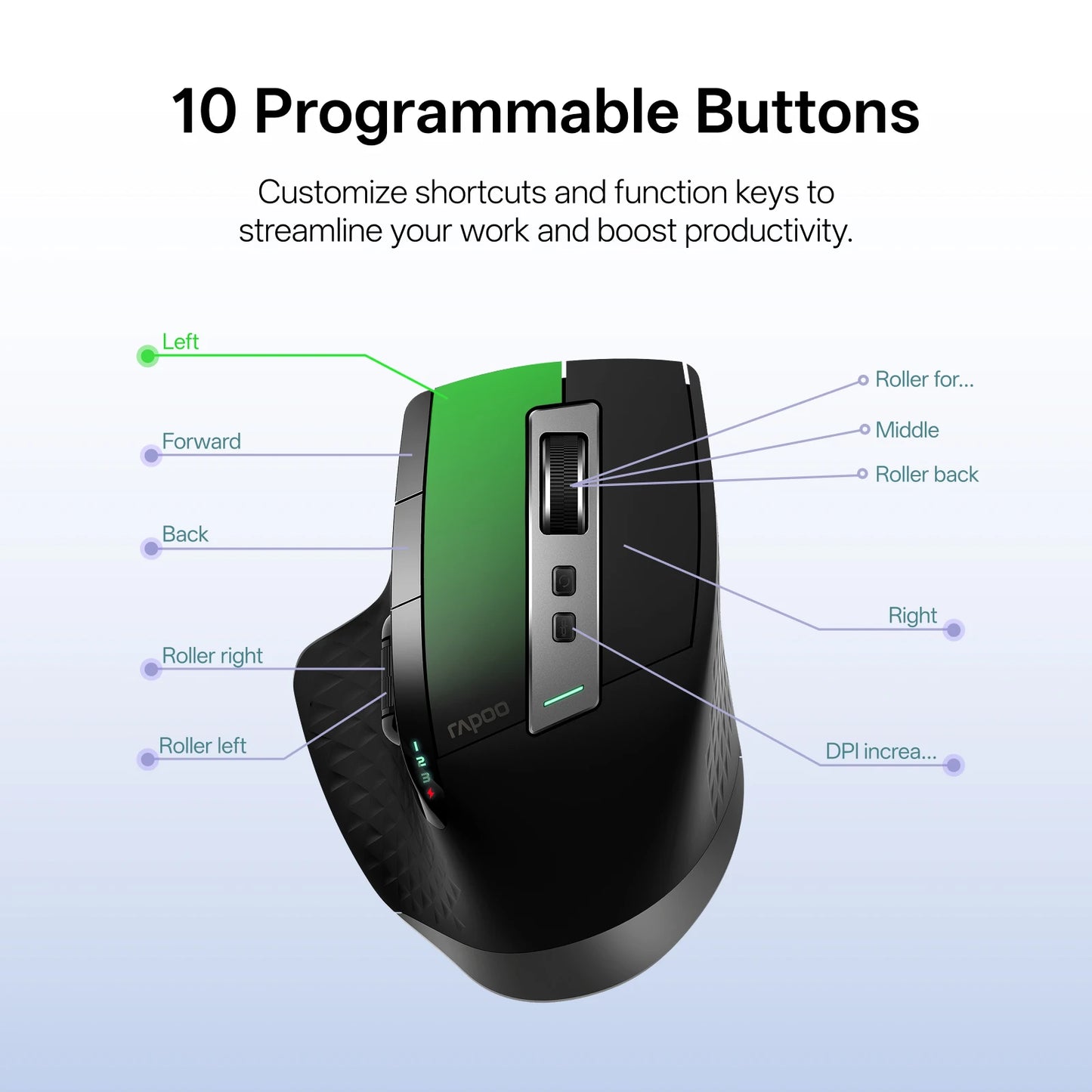 Rapoo MT710L Multi-Mode Rechargeable Wireless Bluetooth Mouse, Ergonomic 4000 DPI Wireless Mouse for Up to 4 Devices with Programmable Buttons