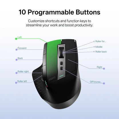 Rapoo MT710L Multi-Mode Rechargeable Wireless Bluetooth Mouse, Ergonomic 4000 DPI Wireless Mouse for Up to 4 Devices with Programmable Buttons