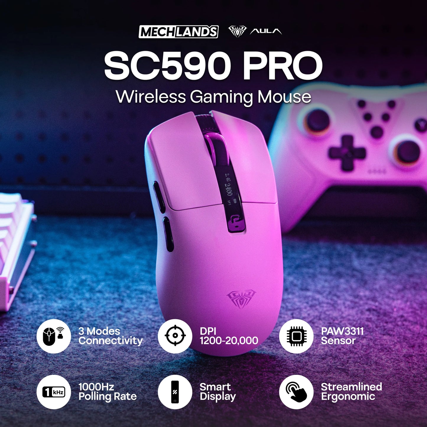 AULA SC590 PRO Wireless Gaming Mouse, Tri-Mode Bluetooth, 2.4GHz & Wired Gaming Mouse, 20000 DPI PAW3311 Sensor, 1000Hz Polling Rate RGB Gaming Mouse