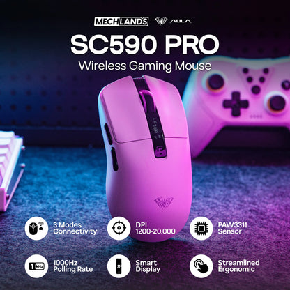 AULA SC590 PRO Wireless Gaming Mouse, Tri-Mode Bluetooth, 2.4GHz & Wired Gaming Mouse, 20000 DPI PAW3311 Sensor, 1000Hz Polling Rate RGB Gaming Mouse