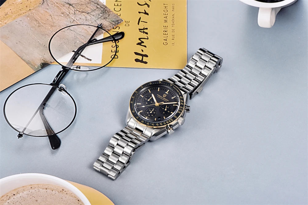 Montre pour homme PAGANI DESIGN « New Moon » – Montre à quartz de luxe, chronographe, verre saphir avec traitement antireflet, lunette en céramique, aiguilles luminescentes