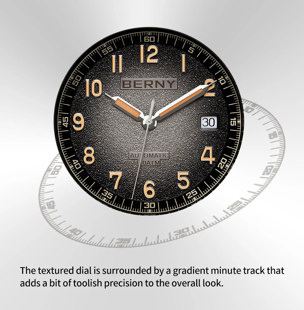 BERNY Automatic Watch Men  ST2130 Luminous Mechanical Wristwatch Sapphire Waterproof 10ATM Top Brand Luxury Watch for Men