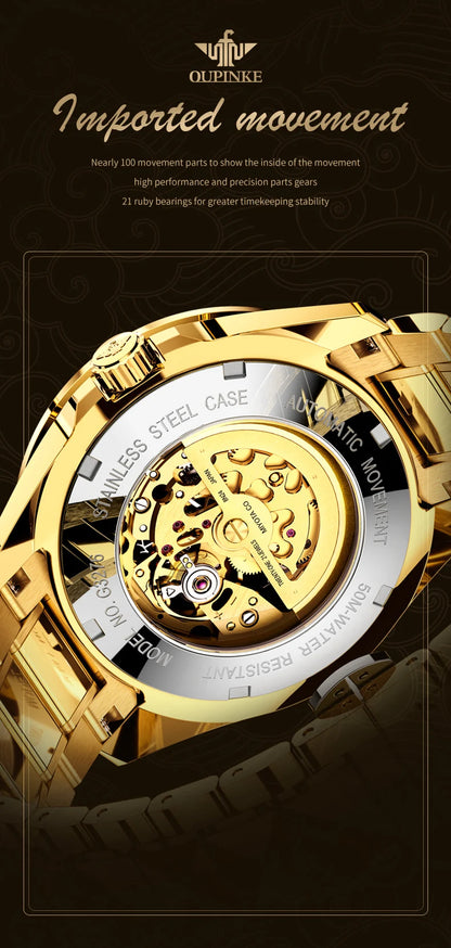 OUPINKE Men's Watches Top Brand Luxury Gold Tungsten Steel Original Automatic Mechanical Wristwatch Featured Dragon Pattern Dial