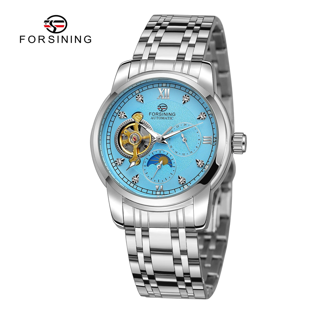 Forsining mekanisk automatisk herrklocka – Lyxig, affärsmässig och trendig stil, metallarmband, tourbillon, självlysande visare, prydd med syntetiska diamanter