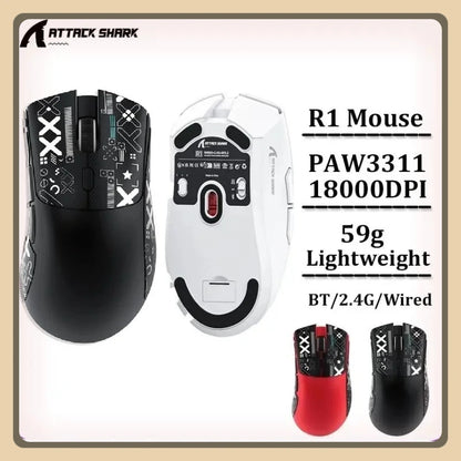 ATTACK SHARK R1 2.4G USB Wireless Bluetooth Gaming Mouse 18K DPI PAW3311 Tri-Mode Connectivity 59g Lightweight For PC Laptop Mac