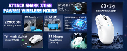 Rato Gaming Sem Fios ATTACK SHARK X11SE, Tri-Mode, Superleve de 63g com Sensor PAW3311, 22000 DPI, Bateria de 300mAh, Duplo Driver
