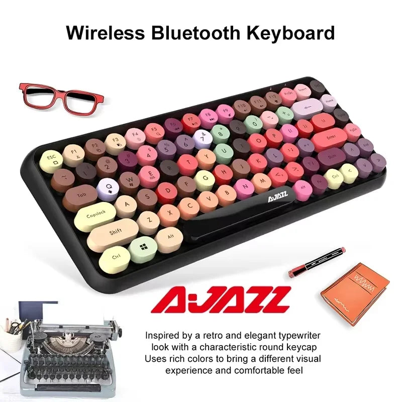 AJAZZ 308i  Wireless Bluetooth Keyboard 84 Keys Rechargeable Retro Round Typewriter Keycaps, Portable Mechanical K