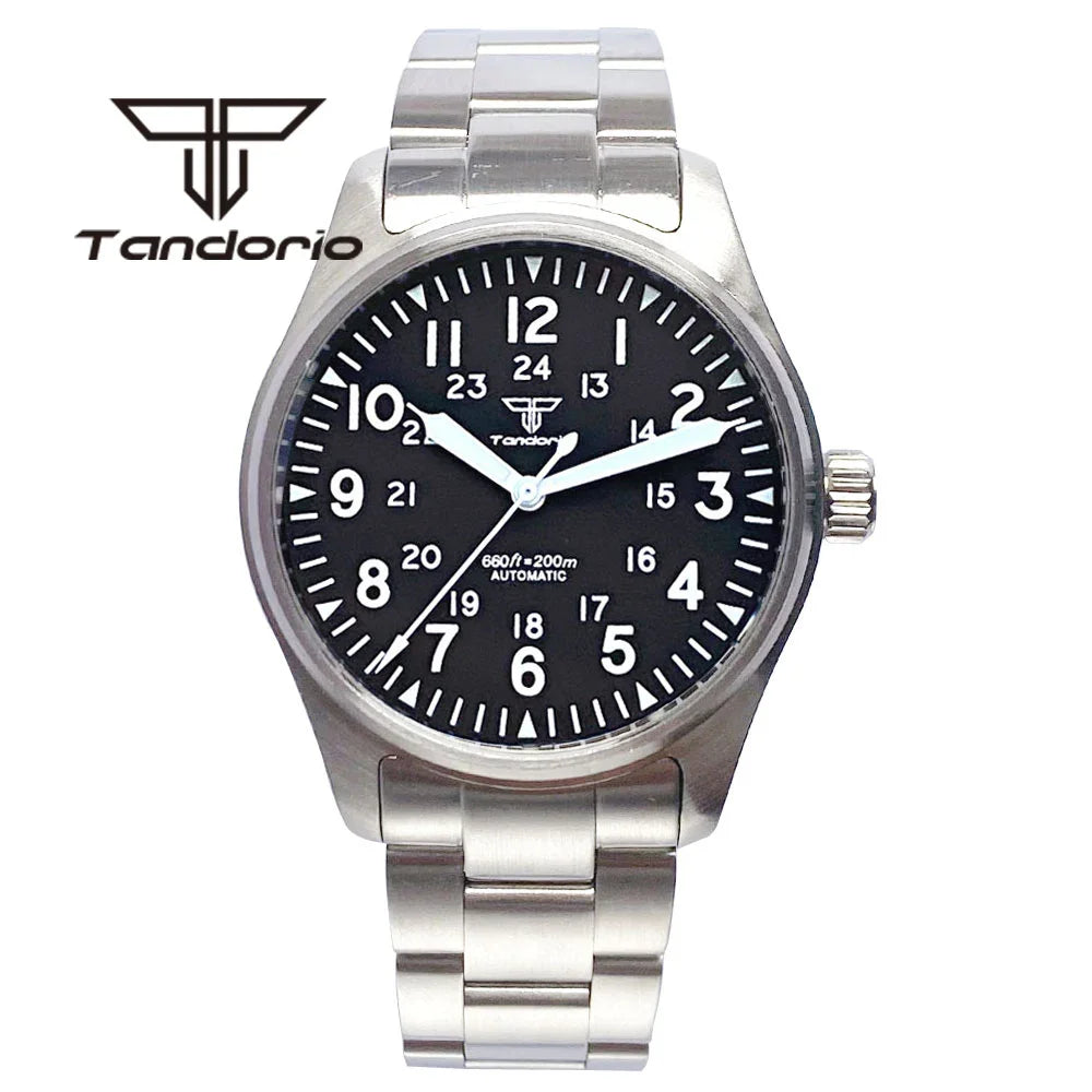 Tandorio 39 mm – męski zegarek automatyczny typu pilot nurkowy, mechanizm NH35/PT5000/Miyota8215, szafirowe szkło AR, wodoodporność 20 barów, świecące wskaźniki