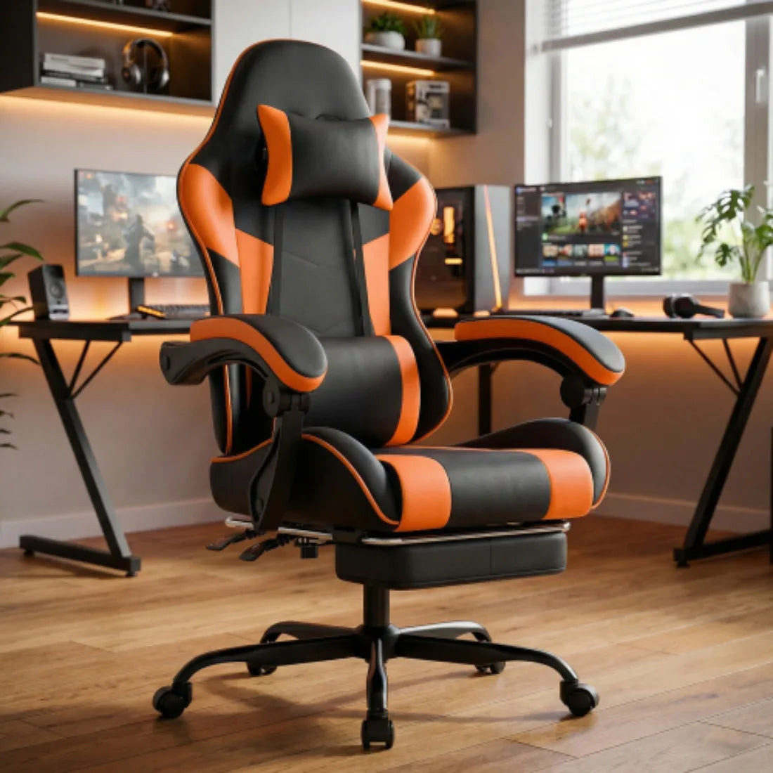 Ergonomic PU Leather Gaming Chair with Lumbar Support, Adjustable Height and Backrest, 200KG Load Capacity, Black Orange