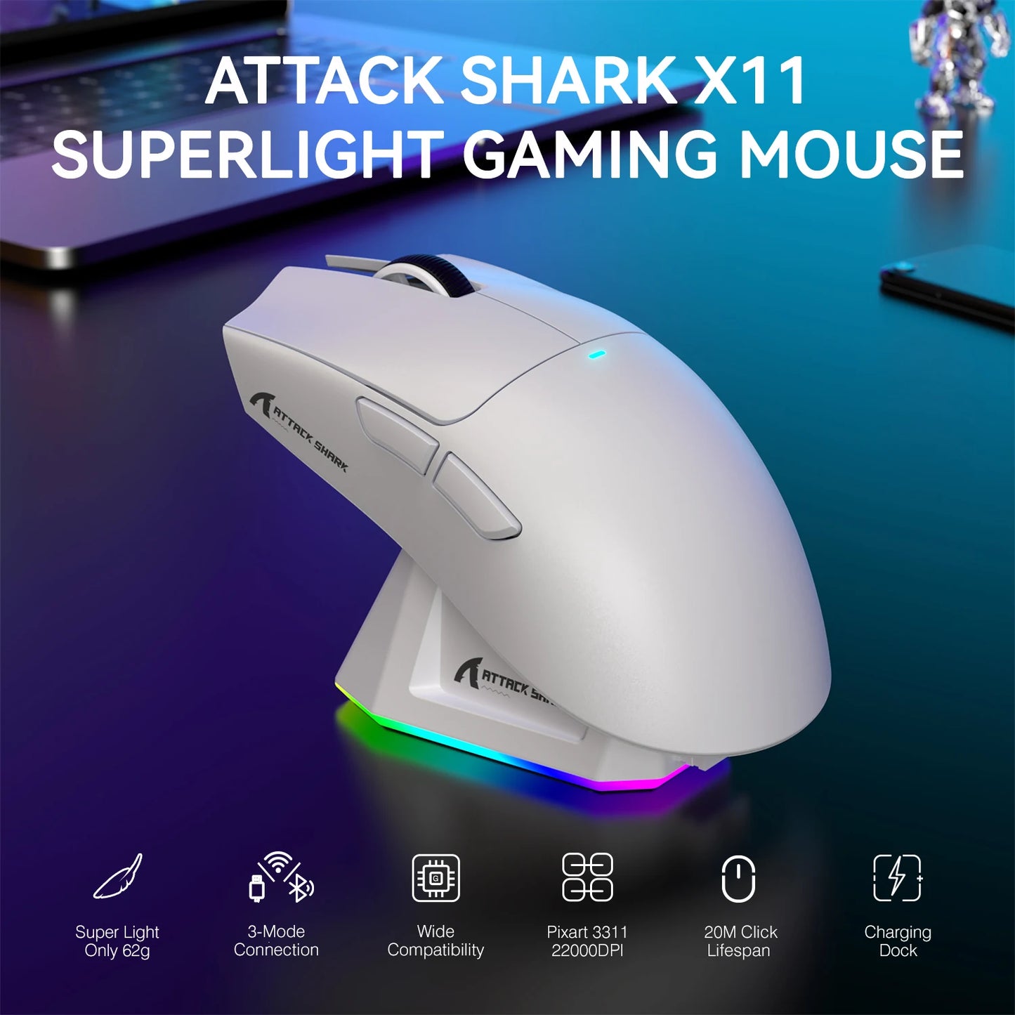 ATTACK SHARK X11 lätt trådlös gamingmus med RGB-bakgrundsbelyst laddning, upp till 22K DPI, optisk PAW3311-sensor, HUYU-brytare